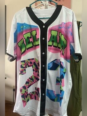 Bel Air Graphic Baseball Jersey - White, Neon Green & Pink